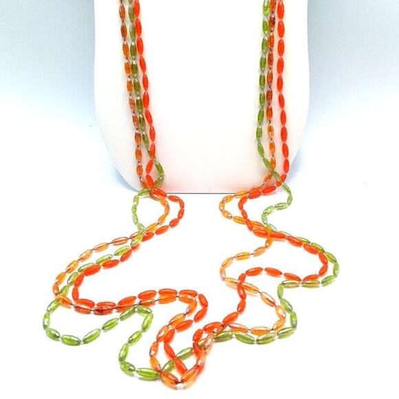 Vintage Long Three Strand Necklace, Light Green Orange Topaz Lucite, 1950s, 54" - Picture 4 of 7